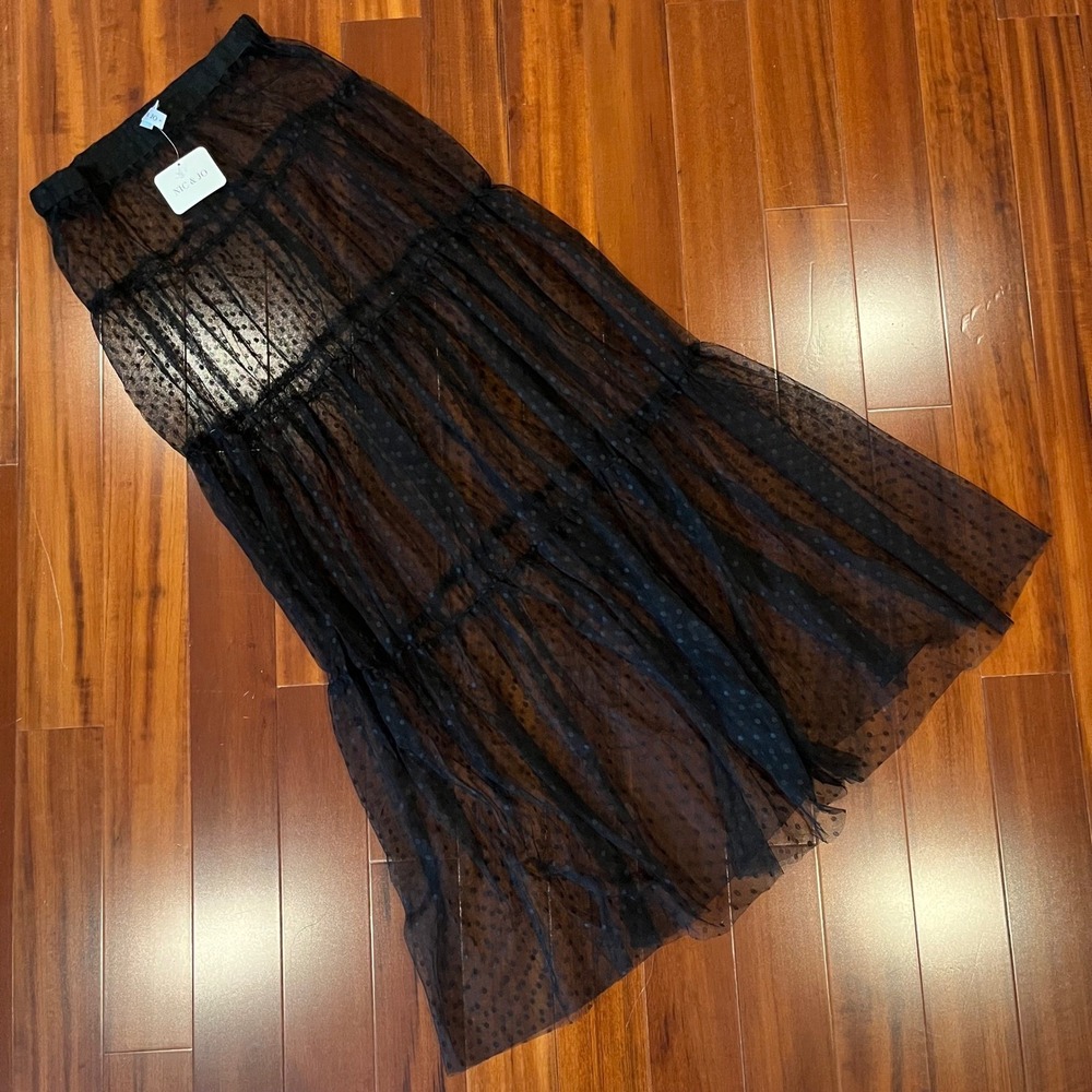 Black Sheer Maxi Skirt Mesh Tiered Polk Dot Nic & Jo Festival Goth‎ New Sz Small